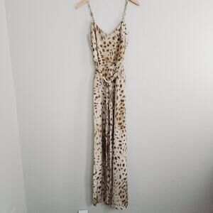 L'Agence Jackie 100% Silk Cacao Cheetah Print Wide Leg Cropped Jumpsuit 2 NWT